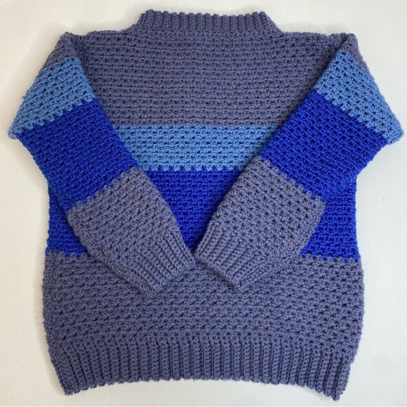 Handmade‎ New Unisex Blue Gray Striped Crewneck 3/4 Sleeve Knit Sweater L/C41 - Picture 9 of 9